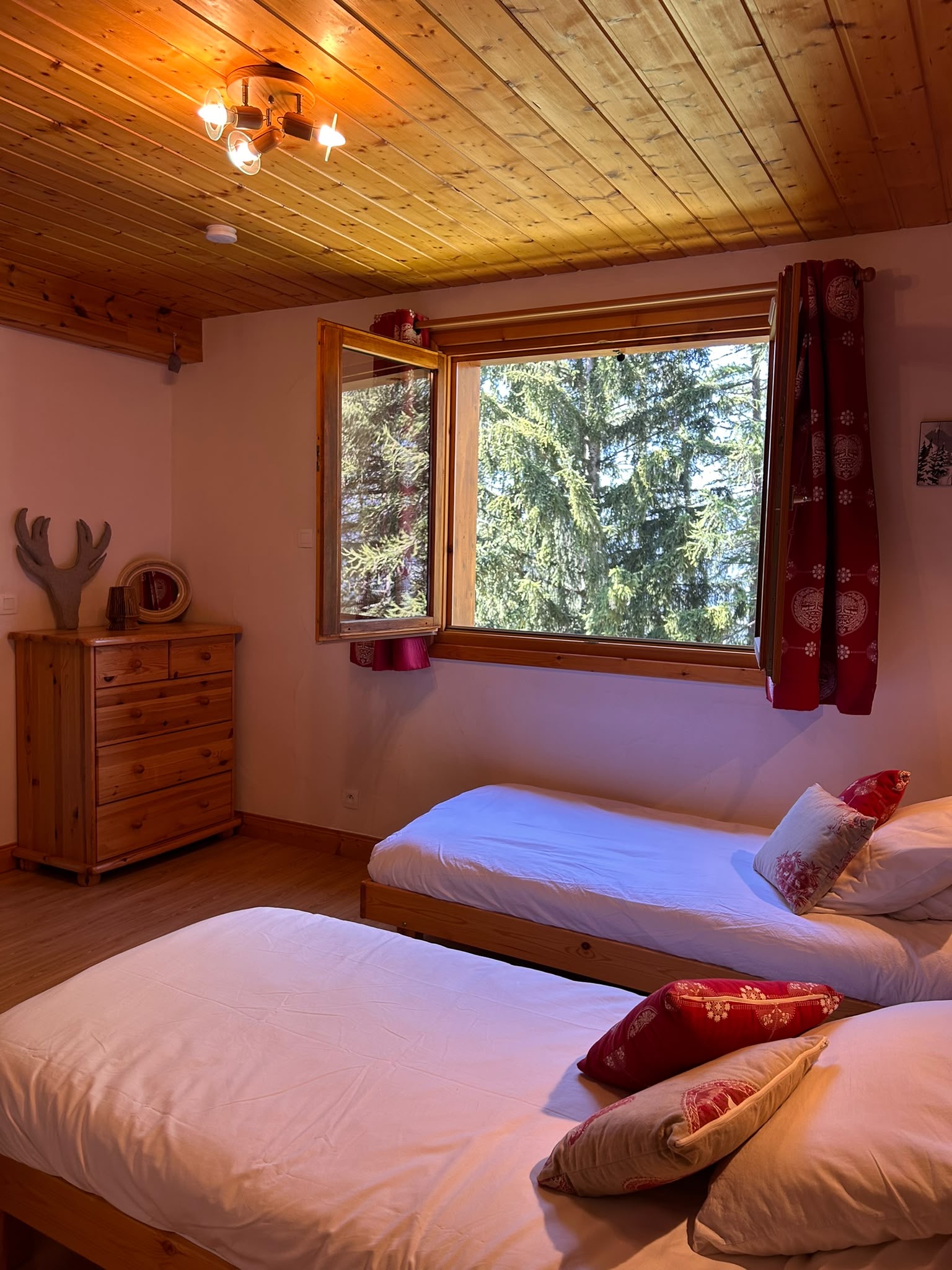 Chambre avec fenêtre donnant sur les sapins