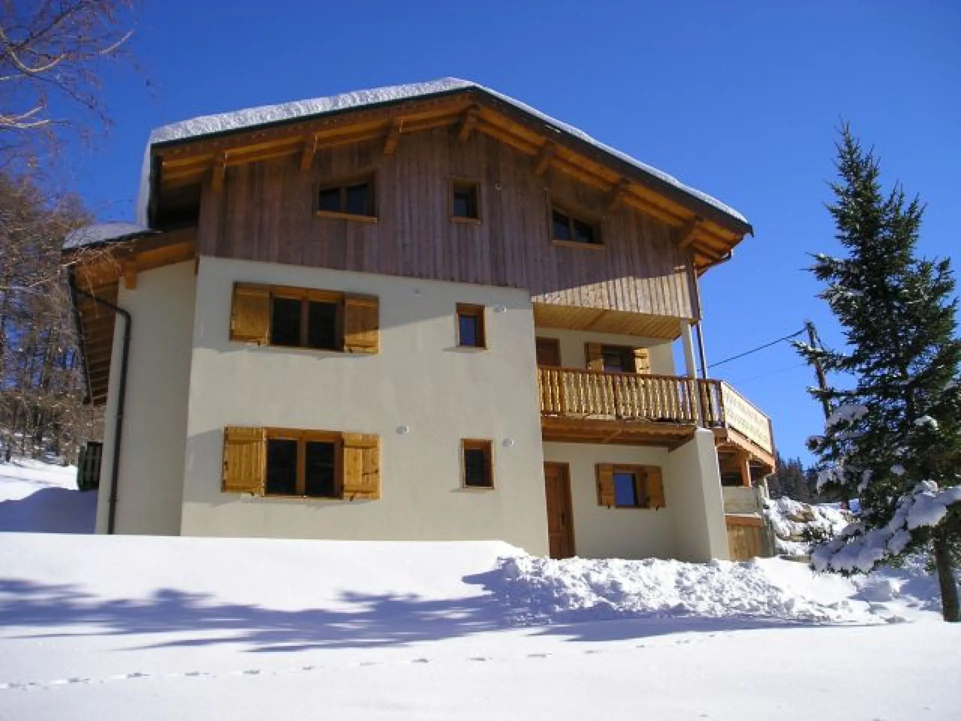 Façade arrière du chalet avec vue sur les sapins